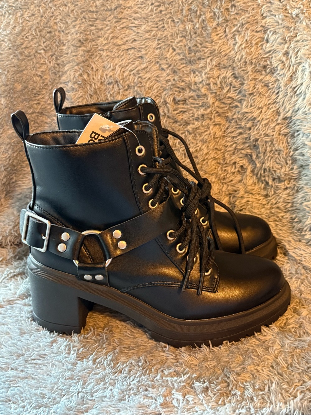 No Boundaries Women's 7.5 Black Lace-Up Heeled Combat Boots with Buckle Strap